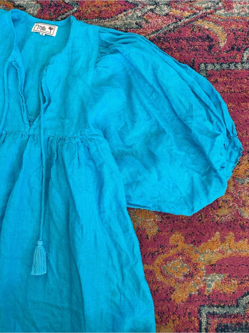 Mille | Women’s Teal Blue Linen Thalia V-Neck Tassel Tie Puff Sleeve Peasant Top